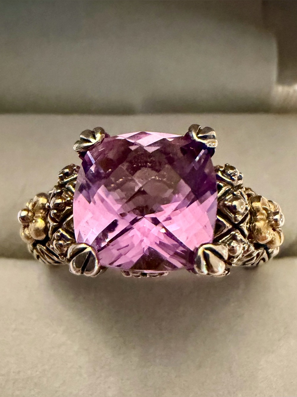Barbara Bixby Vintage 18K 925 Amethyst Cushion-Cut Floral Statement Ring